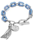 Guess Silver-tone Pave Charm & Blue Link Toggle Bracelet