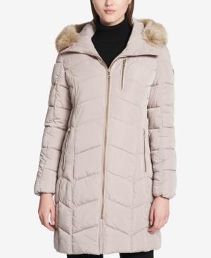 Calvin Klein Faux-fur-trim Hooded Chevron Puffer Coat, A Macy's Exclusive