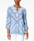 Charter Club Cotton Printed Embroidered Tunic, Only At Macy's