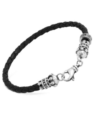 King Baby Men's Fine Leather Crown Bracelet In Sterling Silver