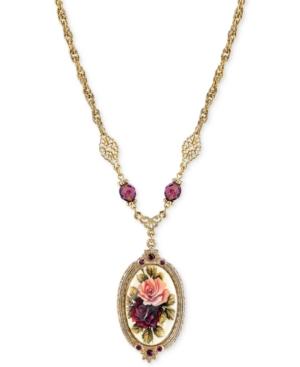 2028 Gold-tone Framed Floral Image Pendant Necklace