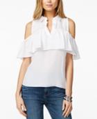 Guess Printed Off-the-shoulder Flounce Shirt
