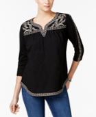 Style & Co Embroidered Split-neck Top, Only At Macy's