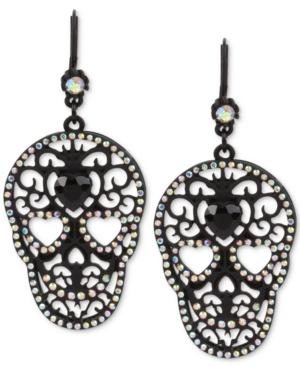 Betsey Johnson Black-tone Filigree Skull And Crystal Drop Earrings