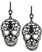 Betsey Johnson Black-tone Filigree Skull And Crystal Drop Earrings