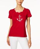 Karen Scott Petite Cotton Embellished Anchor Top, Only At Macy's