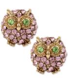 Betsey Johnson Gold-tone Pink Pave Owl Stud Earrings