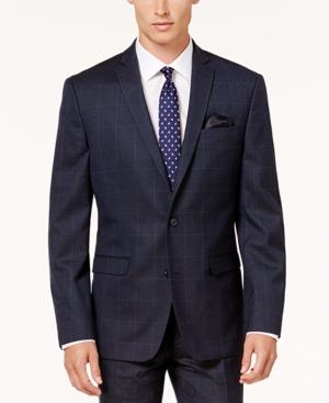 Bar Iii Men's Slim-fit Active Stretch Navy/tan Windowpane Suit Jacket, Created For Macy's