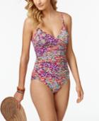 Swim Solutions Paisley Party Printed Surplice Shirred Tummy-control One-piece Swimsuit Women's Swimsuit