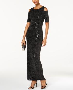 R & M Richards Sequined Glitter Cold-shoulder Dress