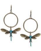 Betsey Johnson Extra Large Gold-tone Blue Crystal Dragonfly Gypsy Hoop Earrings