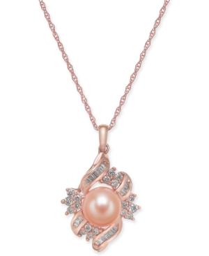 Pink Cultured Freshwater Pearl (8mm) & Diamond (3/8 Ct. T.w.) 18 Pendant Necklace In 14k Rose Gold