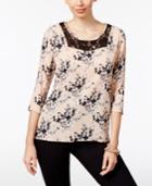 Ny Collection Petite Printed Lace-detail Top