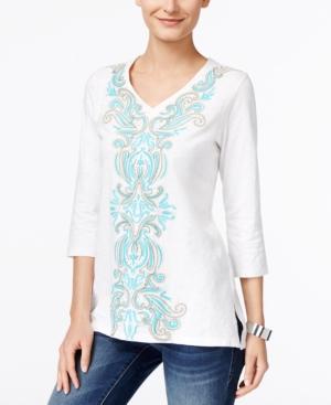Jm Collection Embroidered Three-quarter-sleeve Top, Only At Macy's