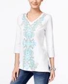 Jm Collection Embroidered Three-quarter-sleeve Top, Only At Macy's