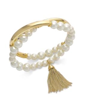Anne Klein Gold-tone Imitation Pearls & Tassel Stretch Bracelet