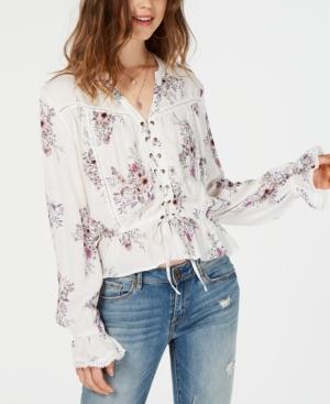 American Rag Juniors' Printed Lace-up Blouse, Created For Macy's