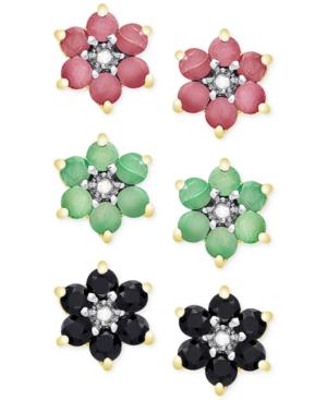 Victoria Townsend Trio Set Of Diamond Accented Ruby (1-4/5 Ct. T.w.) Emerald (1-3/10 Ct. T.w.) And Sapphire (1-4/5 Ct. T.w.) Flower Stud Earrings In 18k Gold-plated Sterling Silver