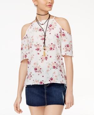 No Comment Juniors' Short-sleeve Cold-shoulder Top With Necklace