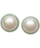 Cultured Freshwater Pearl (9mm) And Jade (12mm) Stud Earrings In Sterling Silver