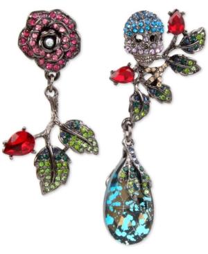 Betsey Johnson Hematite-tone Pave Rose And Skull Mismatch Earrings