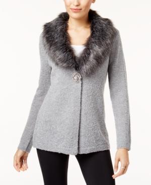 Jm Collection Faux-fur-collar Brooch Cardigan, Created For Macy's