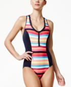 Anne Cole Locker Striped Half-zip Active One-piece Swimsuit Women's Swimsuit