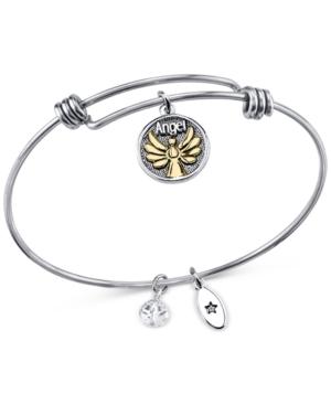 Unwritten Two-tone Crystal-enhanced Angel Adjustable Charm Bangle Bracelet In Stainless Steel With 14k Gold-plating