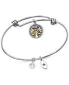 Unwritten Two-tone Crystal-enhanced Angel Adjustable Charm Bangle Bracelet In Stainless Steel With 14k Gold-plating