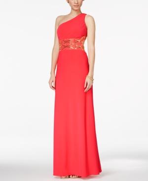 Betsy & Adam Embellished Waistline One-shoulder Evening Gown