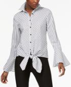 Eci Striped Tie-front Bell-sleeve Top