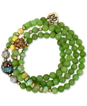 Betsey Johnson Gold-tone Green Beaded Pave Owl And Fireball Stretch Wrap Bracelet