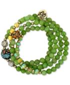 Betsey Johnson Gold-tone Green Beaded Pave Owl And Fireball Stretch Wrap Bracelet
