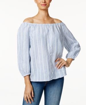 Charter Club Linen Striped Faux-button Top, Only At Macy's