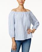 Charter Club Linen Striped Faux-button Top, Only At Macy's