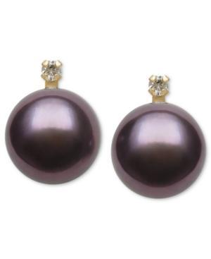 Belle De Mer 14k Gold Earrings, Dyed-black Cultured Freshwater Pearl (9mm) And Diamond Accent Stud Earrings