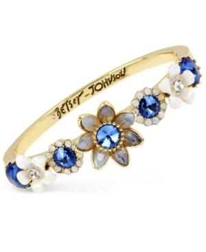 Betsey Johnson Gold-tone Blue Crystal And Stone Floral Bangle Bracelet