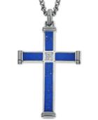 Esquire Men's Jewelry Lapis Lazuli (22-7/8 X 3-3/4mm & 9-1/2 X 3-3/4mm) And Diamond Accent Cross Pendant Necklace In Sterling Silver