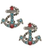 Betsey Johnson Silver-tone Blue And Pink Crystal Anchor Stud Earrings