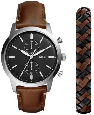 Fossil Men's Chronograph Townsman Dark Brown Leather Strap Watch 44mm Gift Set