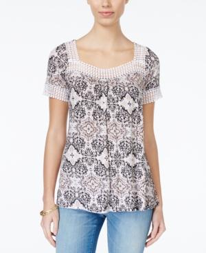 Ultra Flirt Juniors' Printed Crochet-trim Top