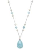 Milky Aquamarine (8mm & 20 X 35mm) And Cultured Freshwater Pearl (6mm) Pendant Necklace In Sterling Silver