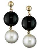 Cultured Freshwater Pearl (8-1/2mm) And Onyx (10mm) Drop Earrings In 14k Gold