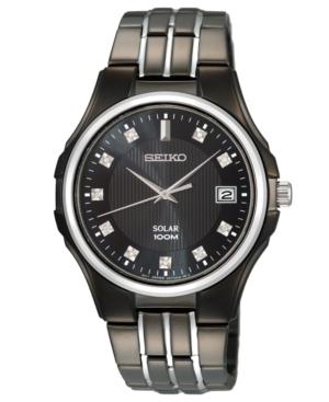 Seiko Watch, Men's Solar Diamond Accent Black Ion Plated Stainless Steel Bracelet 34mm Sne153