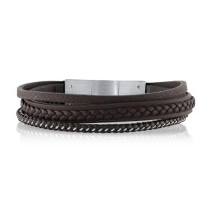 He Rocks Brown Leather And Stainless Steel Triple Wrap Bracelet, 8.5