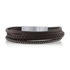 He Rocks Brown Leather And Stainless Steel Triple Wrap Bracelet, 8.5