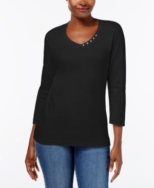 Karen Scott Cotton V-neck Button Top, Created For Macy's