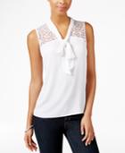 Ny Collection Petite Sleeveless Lace-yoke Tie-front Top