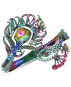 Betsey Johnson Oilslick-tone Multi-stone Peacock Open Hinged Bangle Bracelet