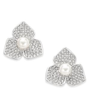 Eliot Danori Silver-tone Imitation Pearl Pave Flower Stud Earrings